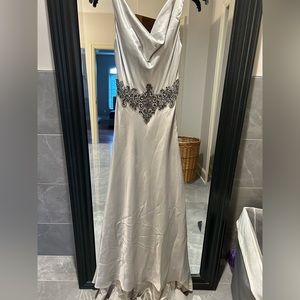 Silver beaded/gem cowl neck La Femme gown. Size 0